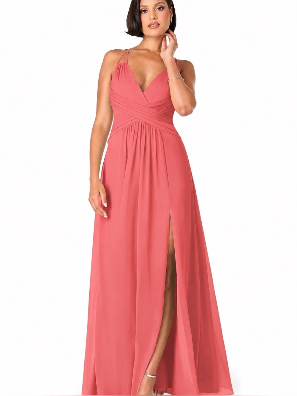 Azazie Farren Bridesmaid Dress in Watermelon Size A8 Pleated Criss Criss Back
